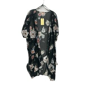 Band Of Gypsies Boho Kimono Cover Up Duster Sheer Black Floral‎ Oversized Size M